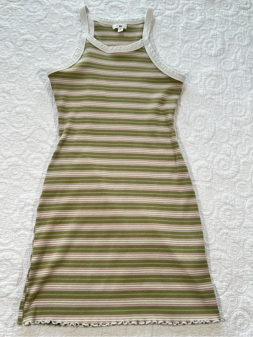 BP. Nordstrom Striped Ribbed Tank Mini Dress Green Pink Contrast Trim Lettuce M